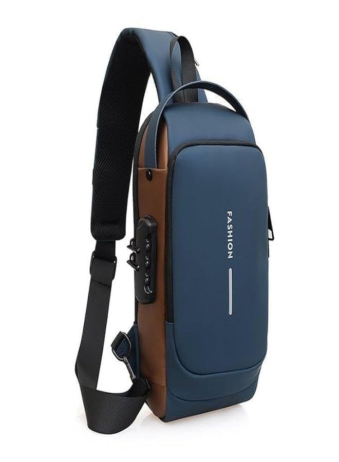 Topinon Waterproof Polyester Slim Unisex Crossbody Sling Bag Chest Backpack Men's Shoulder Bag, Leisure Travel Handbag, Hard Shell Anti-Theft Chest Bag (Blue Gold) - Image 1